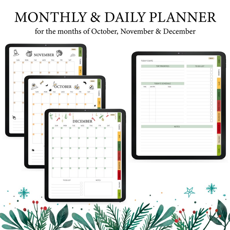 May include: A digital planner with three monthly calendar pages for October, November, and December. Each month has a festive theme with illustrations of pumpkins, ghosts, and ornaments. The planner also includes a daily page with sections for to-do lists, top priorities, and a schedule.