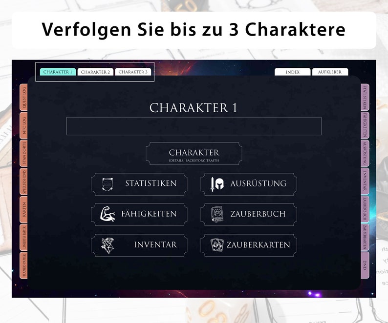 May include: A dark blue screen with the text "Verfolgen Sie bis zu 3 Charaktere" at the top. The screen shows a character creation menu with options for "Statistiken", "F&auml;higkeiten", "Inventar", "Ausr&uuml;stung", "Zauberbuch", and "Zauberkarten".