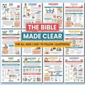 May include: A collection of illustrated Bible study guides. The guides cover various books of the Bible, including Job, Esther, Proverbs, Psalms, Jude, Mark, Malachi, Matthew, and Revelation. The guides are labeled "For All Ages | Easy to Follow | Illustrated."