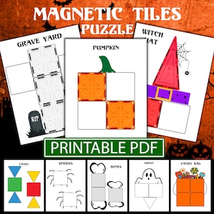 May include: A printable PDF set of Halloween-themed magnetic tile puzzle templates. The pages feature outlines for building shapes like a pumpkin, witch hat, graveyard, candy, spiders, bones, a ghost, and a candy bag using magnetic tiles.