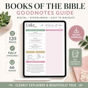 May include: A digital Goodnotes guide titled Books of the Bible, featuring a tablet screen displaying a study page for the Book of Luke. The layout includes sections for verses, notes, main figures, key locations, and faith in action, with 120 pages.