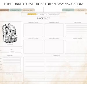 May include: A printable Dungeons and Dragons character sheet with a detailed illustration of a backpack and sections for character information, inventory, spells, and stats.