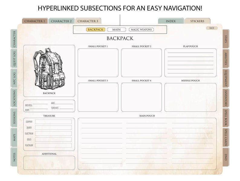 May include: A printable Dungeons and Dragons character sheet with a detailed illustration of a backpack and sections for character information, inventory, spells, and stats.