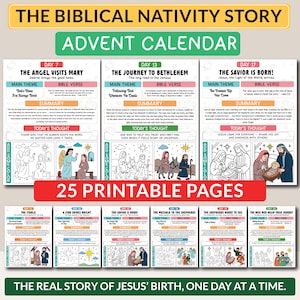 May include: Advent calendar titled "The Biblical Nativity Story" with 25 printable pages. Each page features illustrations and text about the birth of Jesus, designed for colouring. The calendar is a visual guide.