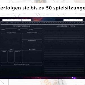 May include: A black and white printable sheet with a dark blue background and a galaxy design. The sheet is a character tracker for a role-playing game. It includes sections for character information, adventure notes, and a log of game sessions. The text on the sheet is in German.