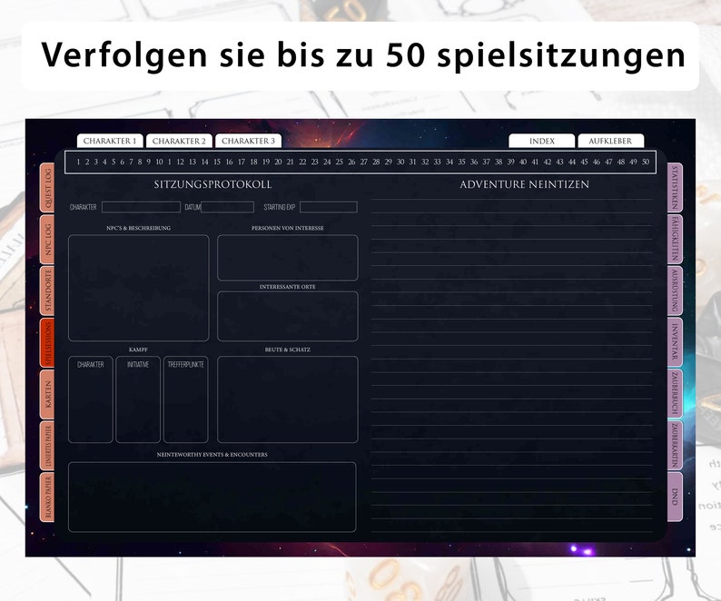 May include: A black and white printable sheet with a dark blue background and a galaxy design. The sheet is a character tracker for a role-playing game. It includes sections for character information, adventure notes, and a log of game sessions. The text on the sheet is in German.