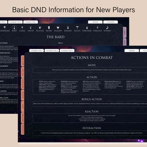 May include: A guide for new Dungeons and Dragons players, featuring information on the Bard class, including hit points, proficiencies, equipment, rage, cantrips, spell slots, and actions in combat. The guide is presented on a dark background with a starry sky design.