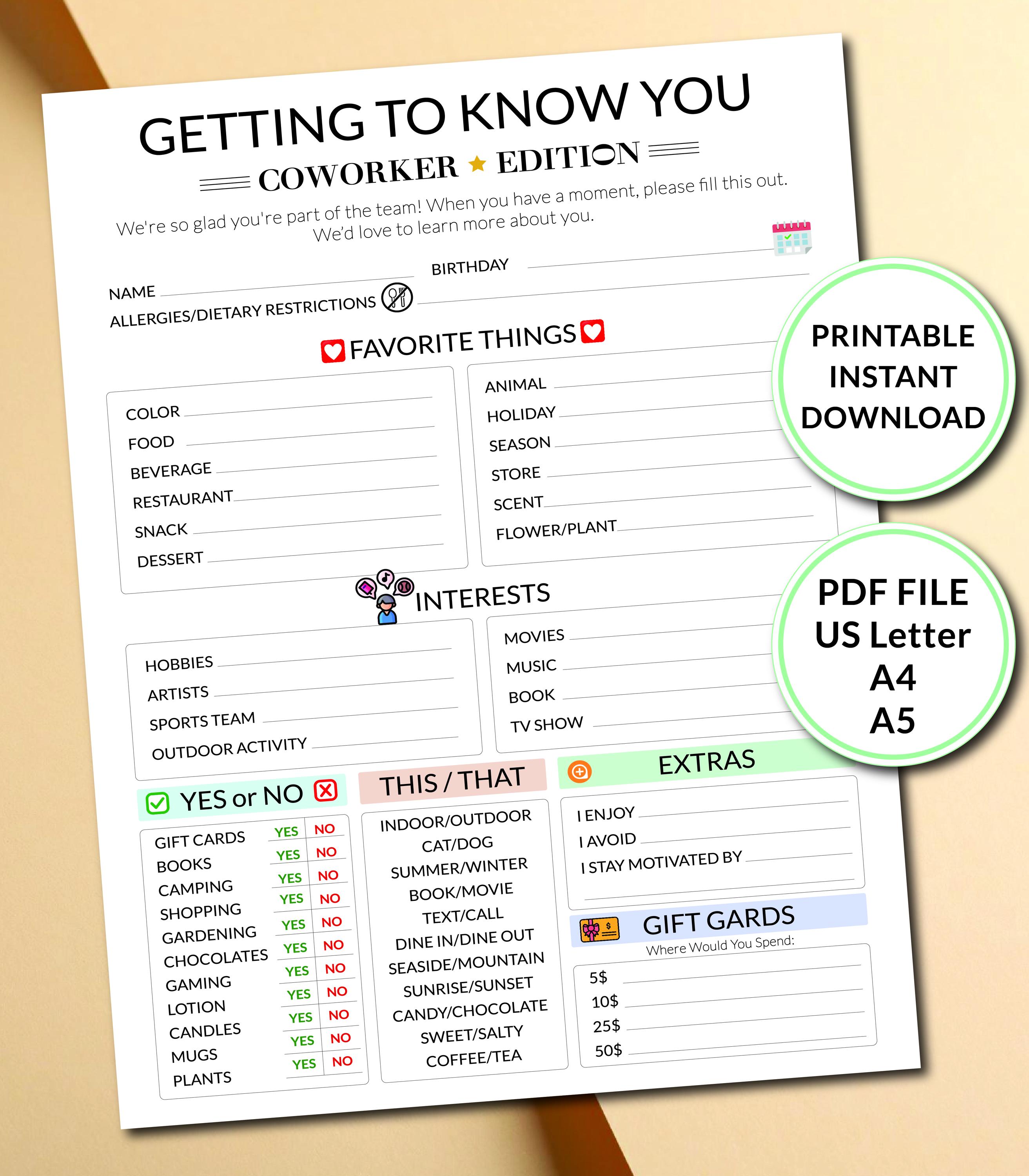Team Building Get to Know Me Questionnaire Printable for Coworker - Etsy