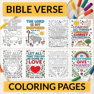 Op de afbeelding: Een verzameling van acht kleurplaten met Bijbelteksten, waaronder "De Heer is mijn herder" en "Ik kan alles door Christus." De pagina's bevatten illustraties van een schaap, duif en hart, met de woorden "Bible Verse" en "Coloring Pages".