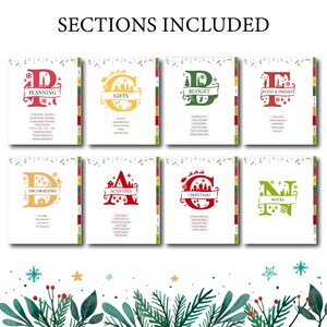 May include: A set of eight printable Christmas planner pages with colorful letters and illustrations. The pages are labeled "Planning", "Gifts", "Budget", "Food & Drinks", "Decorations", "Activities", "Christmas", and "Notes".