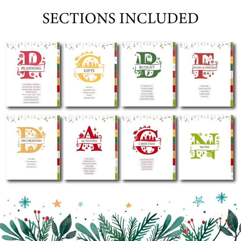 May include: A set of eight printable Christmas planner pages with colorful letters and illustrations. The pages are labeled "Planning", "Gifts", "Budget", "Food & Drinks", "Decorations", "Activities", "Christmas", and "Notes".