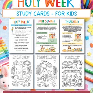 May include: A colorful educational study card set for kids, titled "Holy Week." The cards feature illustrations and text about Palm Sunday, Thursday, and other related topics. The set includes 20 pages and is designed for US Letter and A5 sizes.