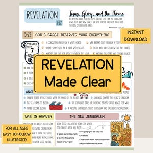 Könnte beinhalten: Ein farbenfroher illustrierter Leitfaden zum Buch der Offenbarung in der Bibel. Der Leitfaden zeigt eine Schriftrolle mit der Zahl 7, einen feurigen roten Drachen, einen Stern und einen Engel. Der Text enthält den Satz "Offenbarung Klargestellt" und die Worte "Gottes Gnade verdient alles".