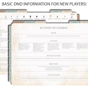 May include: A set of printable Dungeons and Dragons (D&D) reference sheets for new players. The sheets include information on character creation, combat actions, and other game mechanics. The sheets are designed to be printed and used as a quick reference guide during gameplay.