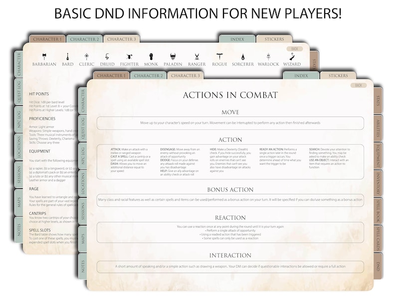 May include: A set of printable Dungeons and Dragons (D&D) reference sheets for new players. The sheets include information on character creation, combat actions, and other game mechanics. The sheets are designed to be printed and used as a quick reference guide during gameplay.