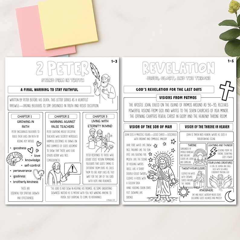 May include: Two black and white Bible study pages with text and illustrations. One page is titled "2 Peter" and the other "Revelation". The pages are on a white surface with yellow and pink sticky notes.