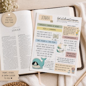May include: An open book with the text "The Book of Jonah" and a study guide with the title "Jonah 1-4". The guide includes text and illustrations about Jonah's story, with the words "Print, Study, & Grow Closer to God" at the bottom.