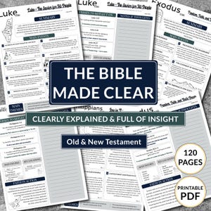 May include: A collection of printable PDF pages with the title "The Bible Made Clear." The pages feature summaries, main events, verses, and notes. The text "Clearly Explained & Full of Insight" is also visible.