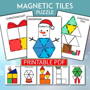 May include: A collection of printable PDF magnetic tile puzzles with Christmas themes. The puzzles include a Christmas gift, snowman, Christmas tree, house, snow globe, candles, Christmas stocking, and Christmas wreath. The text "MAGNETIC TILES PUZZLE" and "PRINTABLE PDF" are also visible.