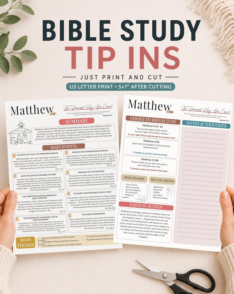 May include: Two printable Bible study tip-ins for the book of Matthew, featuring summaries, main events, verses to reflect on, and notes sections. The pages include the text 'BIBLE STUDY TIP INS', 'JUST PRINT AND CUT', and 'US LETTER PRINT 5x7 AFTER CUTTING'.