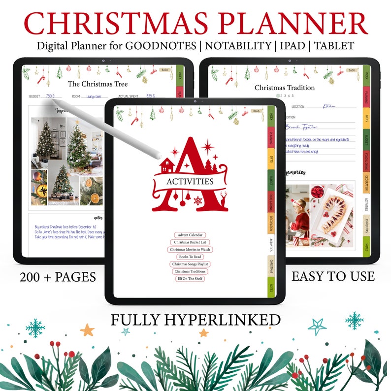 May include: A digital planner for Goodnotes and Notability apps on iPad and tablets. The planner is designed for Christmas planning and includes sections for budgeting, activities, traditions, and memories. The planner is fully hyperlinked and has over 200 pages.