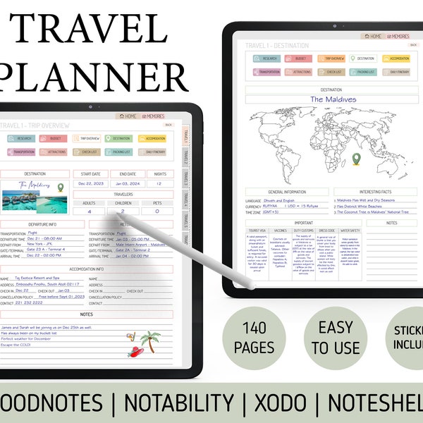 Digital Travel Planner | Goodnotes Travel Planner  | Travel Journal | Vacation Planner Template with Packing List , Check List