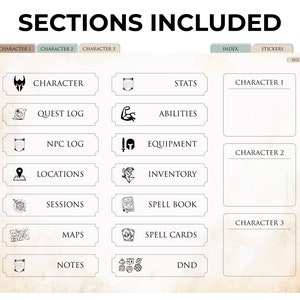 May include: A printable Dungeons and Dragons (D&D) notebook with sections for character sheets, quest logs, NPC logs, locations, sessions, maps, notes, stats, abilities, equipment, inventory, spell book, spell cards, and DND dice. The notebook has tabs for each section and a back cover with a section for stickers.