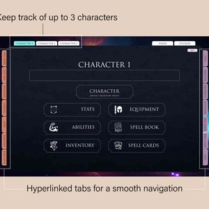 May include: A dark blue screen with a character sheet for a role-playing game. The screen has tabs for stats, abilities, equipment, spell book, and spell cards. The screen also has a section for character details, backstory, and traits. The screen is labeled "Character 1".