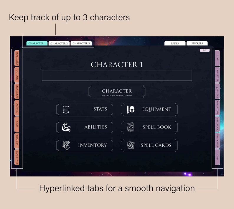 May include: A dark blue screen with a character sheet for a role-playing game. The screen has tabs for stats, abilities, equipment, spell book, and spell cards. The screen also has a section for character details, backstory, and traits. The screen is labeled "Character 1".