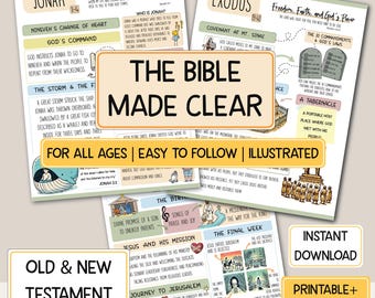 May include: Three educational sheets titled The Bible Made Clear, featuring illustrated summaries of Jonah, Exodus, and Jesus and His Mission. The pages include text, diagrams, and drawings detailing biblical stories, covenants, and historical events.