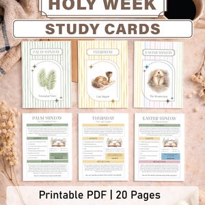 Op de afbeelding: Studiekaarten voor de Goede Week met illustraties voor Palmzondag, Witte Donderdag en Paaszondag. De kaarten bevatten tekst en zijn beschikbaar als printbare PDF in US Letter 8,5x11" en A5 formaten.