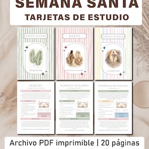 Könnte beinhalten: Eine Sammlung druckbarer PDF-Lernkarten für die Karwoche. Die Karten zeigen farbenfrohe Designs mit spanischem Text, darunter "Semana Santa" und "Tarjetas de Estudio". Die Karten haben eine Größe von 21,6 x 27,9 cm und A5.