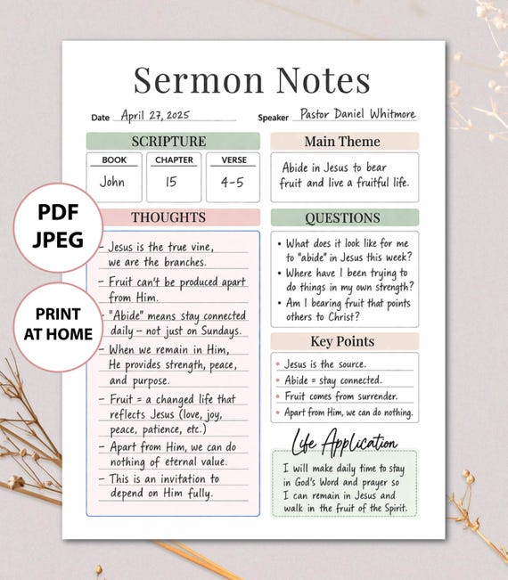 Sermon Notes Printable, Bible Study Church Service Note Taking