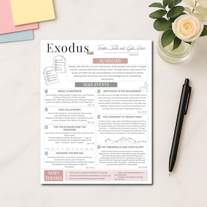 May include: A printed study guide titled "Exodus" with a summary of the biblical book, main events, and themes. A pen and a flower are on the right side of the page.