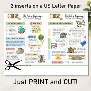 May include: A US Letter paper with two inserts featuring biblical text and illustrations. The inserts, titled "Genesis" and "The Book of Beginnings," include detailed summaries, diagrams, and the text "Just PRINT and CUT!"
