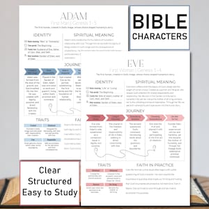May include: An informative infographic titled "Bible Characters" detailing Adam and Eve. The design incorporates text, charts, and diagrams in a clear, structured format. The words "Clear Structured Easy to Study" are also visible.
