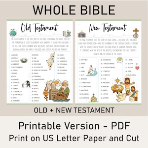 May include: A printable PDF of the Whole Bible, featuring the Old and New Testaments. The design includes lists of books, illustrations, and the text "Print on US Letter Paper and Cut."