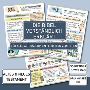 以下が含まれることがあります： ドイツ語で書かれた、イラスト付きの聖書研究ガイドのコレクション。ガイドには、「ヨナ」や「ルカ」などのタイトルが付いたカラフルなグラフィックとテキストが使用されています。すべての年齢層が理解しやすいように設計されており、すぐにダウンロードできます。