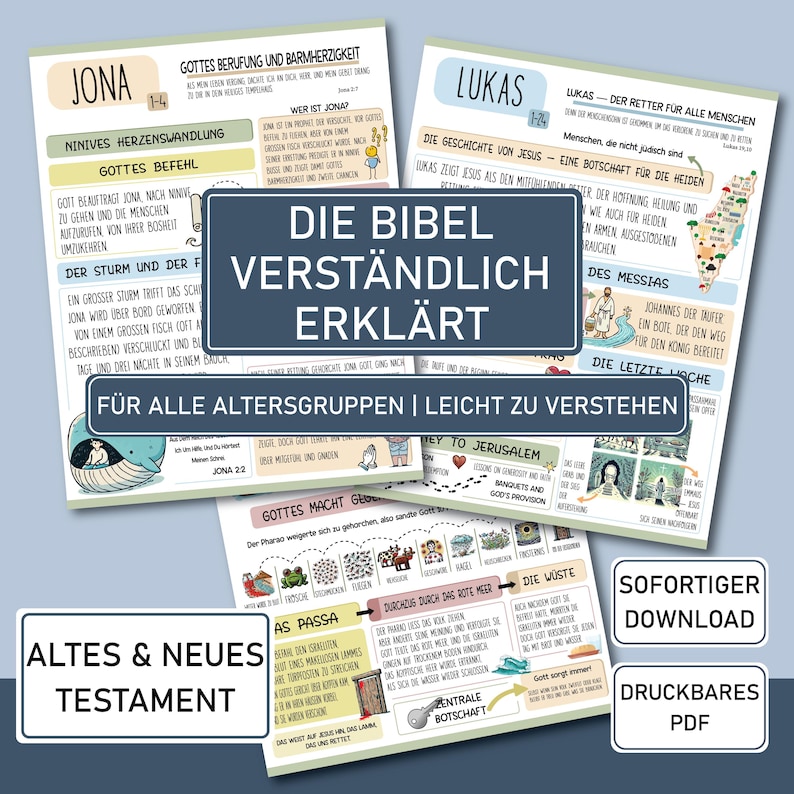 May include: A collection of illustrated Bible study guides in German. The guides feature colorful graphics and text, with titles like "Jona" and "Lukas." The guides are designed to be easy to understand for all age groups and are available for immediate download.