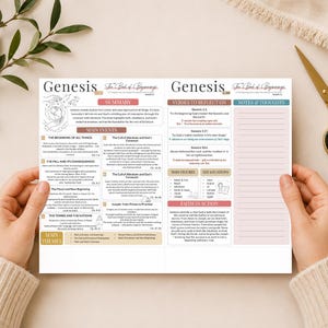 May include: A two-page Bible study guide for the Book of Genesis featuring a summary, main events, verses to reflect on, and a notes section. The layout includes black text on a white background with tan, blue, and pink accents and illustrations.