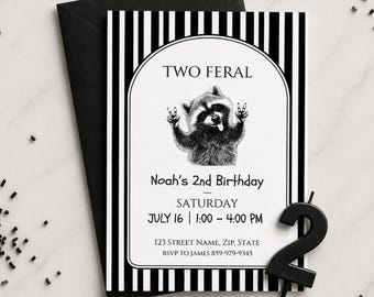 Racoon Birthday Invitation Two Feral Year Black and White Minimalist Invite