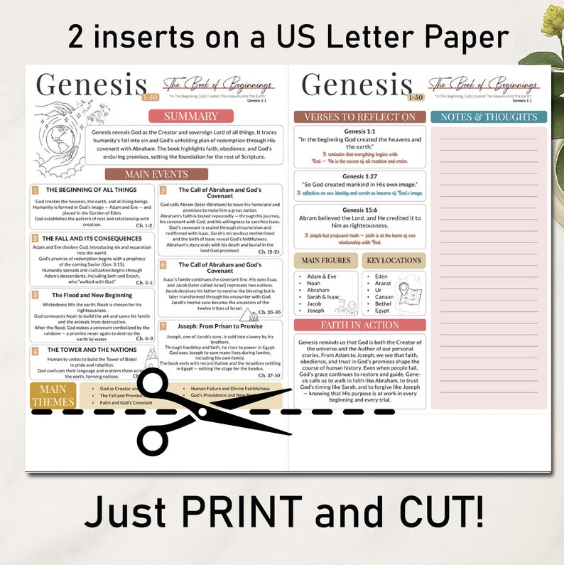 May include: A printable US Letter paper sheet featuring a Genesis Bible study guide with sections for summary, main events, verses to reflect on, and notes. The layout includes a black scissor icon across the center with a dashed cut line.