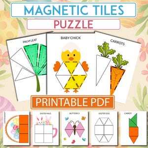 Może przedstawiać: Zestaw drukowanych puzzli magnetycznych PDF z różnymi wzorami. Układanki obejmują liść palmy, pisklę, marchewki, koszyk wielkanocny, kubek wielkanocny, motyla, pisankę i marchewkę. Wyświetlany jest tekst "MAGNETIC TILES PUZZLE" i "PRINTABLE PDF".