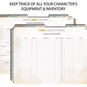 May include: A printable character sheet for role-playing games. The sheet has sections for character information, equipment, inventory, and notes. The sheet is designed to be used with a binder.