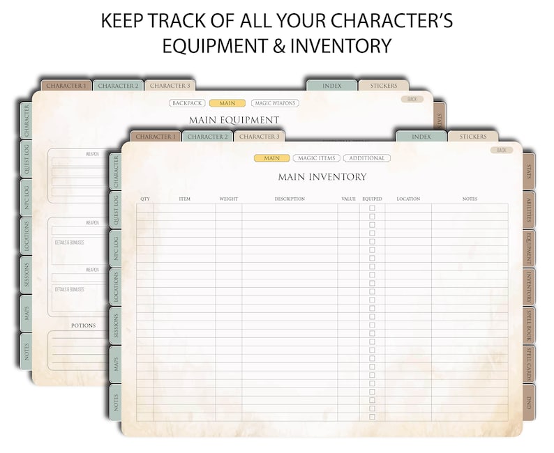 May include: A printable character sheet for role-playing games. The sheet has sections for character information, equipment, inventory, and notes. The sheet is designed to be used with a binder.