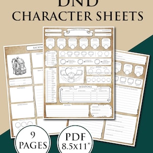 Puede incluir: Un conjunto de hojas de personaje de Dungeons and Dragons. Las hojas son de color crema con texto e ilustraciones en negro. La imagen incluye el texto "DND CHARACTER SHEETS", "9 PAGES" y "PDF 8.5x11".