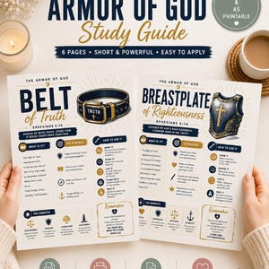 Puede incluir: Una guía de estudio imprimible sobre la armadura de Dios con dos páginas tituladas Belt of Truth y Breastplate of Righteousness. Los documentos incluyen ilustraciones de un cinturón y una armadura, secciones de texto y detalles dorados sobre papel blanco.