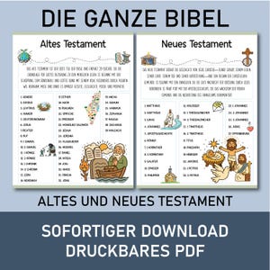 May include: A digital print featuring the Old and New Testaments of the Bible. The design includes illustrations and text, with the words "Die Ganze Bibel" at the top and "Altes und Neues Testament" at the bottom. Available for instant download.