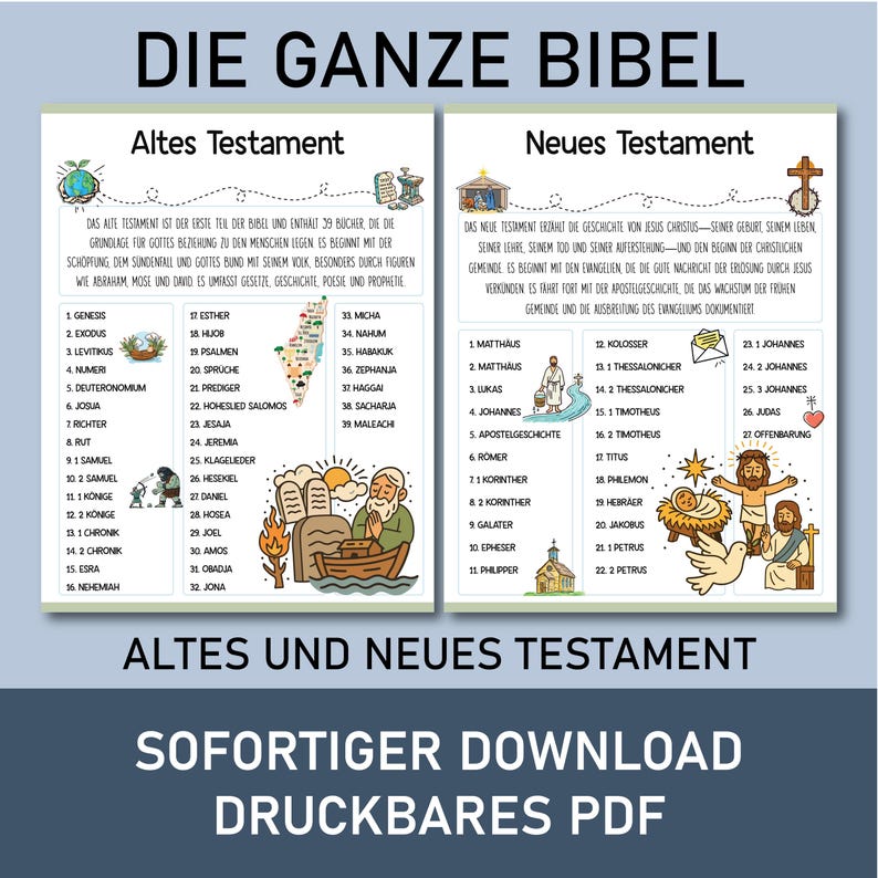 May include: A digital print featuring the Old and New Testaments of the Bible. The design includes illustrations and text, with the words "Die Ganze Bibel" at the top and "Altes und Neues Testament" at the bottom. Available for instant download.
