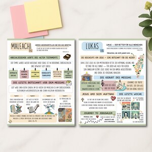 May include: Two colorful Bible study cards with German text. The left card is titled "Maleachi" and the right card is titled "Lukas." Both cards feature illustrations and detailed text, perfect for religious study and education.
